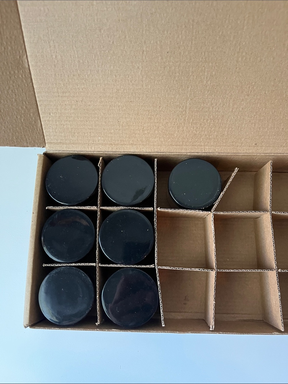 Lot of 7 Bekith Round Black Plastic Top Glass Craft Jars